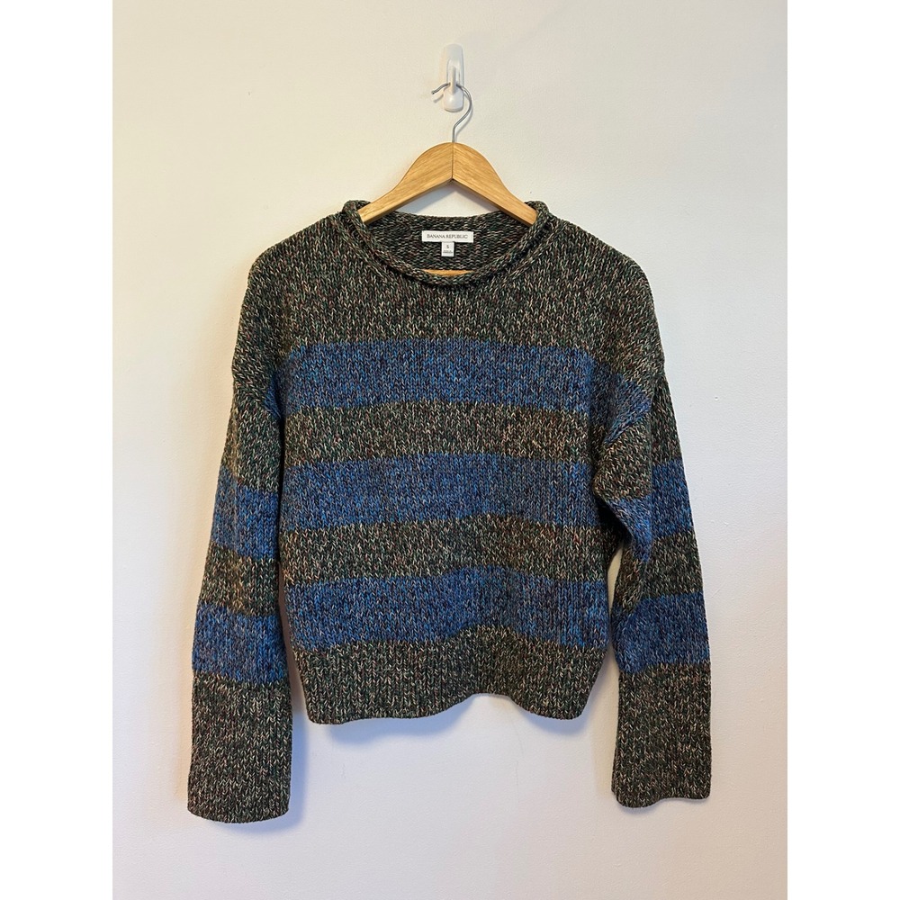 Banana Republic Mens Small Blue Green Striped Marl Chunky Knit Cotton Sweater